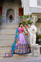 Lorenvalley Lavender Tussar Silk Kalamkari With Foil Work Lehenga Choli with Dupatta | Grocsy