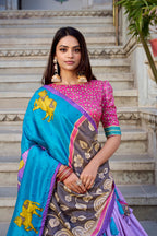 Lorenvalley Lavender Tussar Silk Kalamkari With Foil Work Lehenga Choli with Dupatta | Grocsy