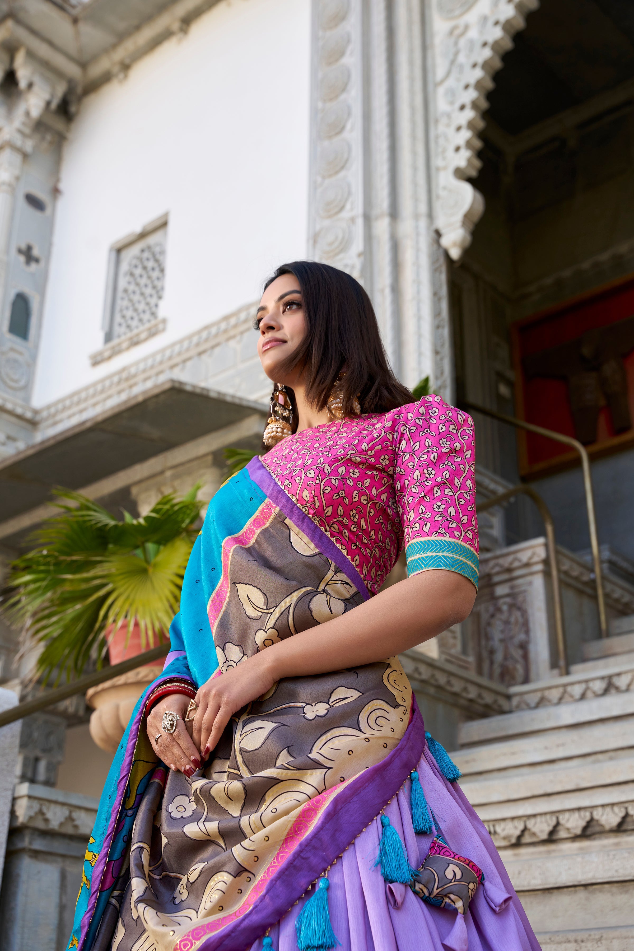 Lorenvalley Lavender Tussar Silk Kalamkari With Foil Work Lehenga Choli with Dupatta | Grocsy