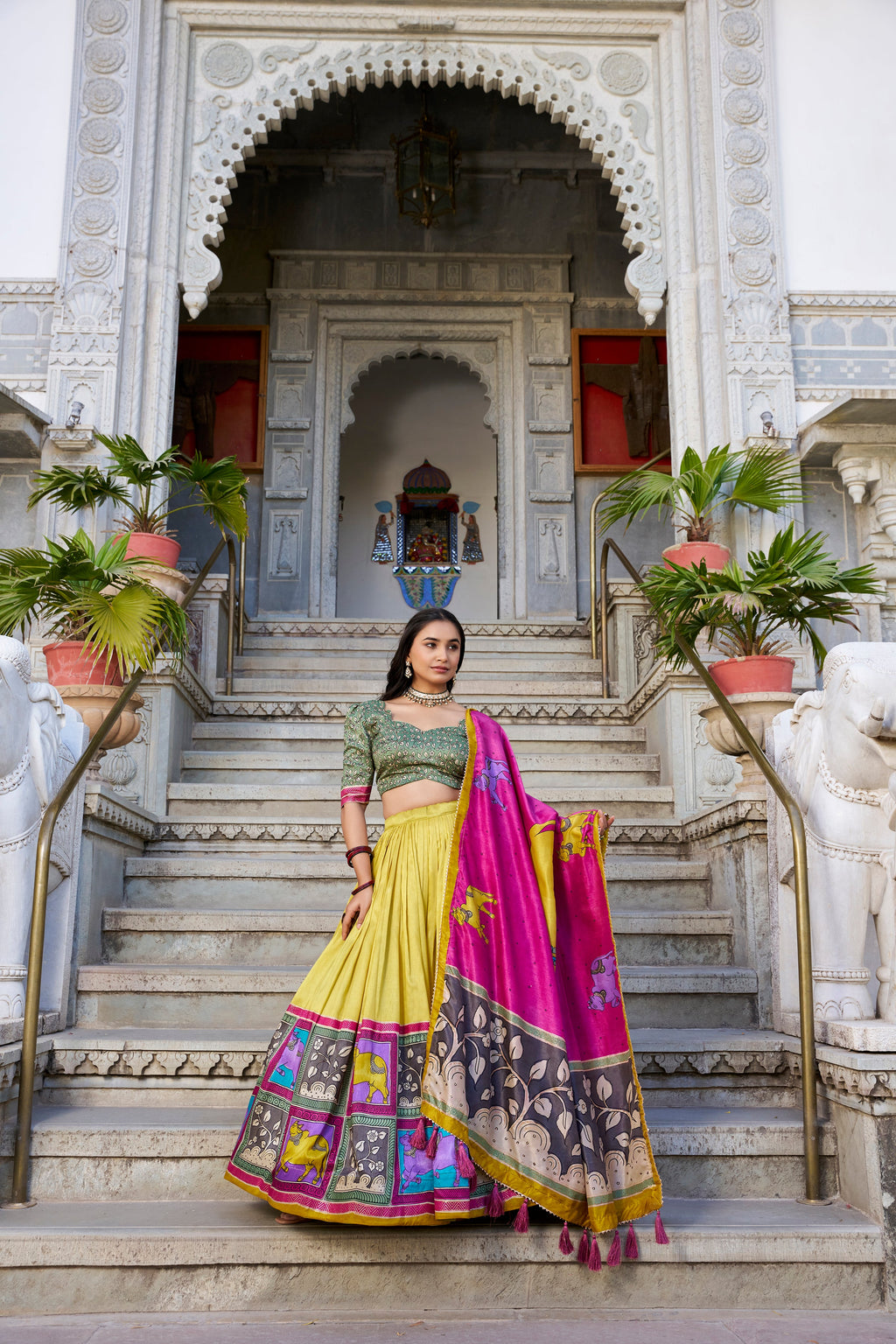 Lorenvalley Mustard Tussar Silk Kalamkari With Foil Work Lehenga Choli with Dupatta | Grocsy