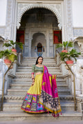 Lorenvalley Mustard Tussar Silk Kalamkari With Foil Work Lehenga Choli with Dupatta | Grocsy