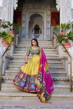 Lorenvalley Mustard Tussar Silk Kalamkari With Foil Work Lehenga Choli with Dupatta | Grocsy