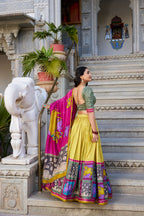Lorenvalley Mustard Tussar Silk Kalamkari With Foil Work Lehenga Choli with Dupatta | Grocsy