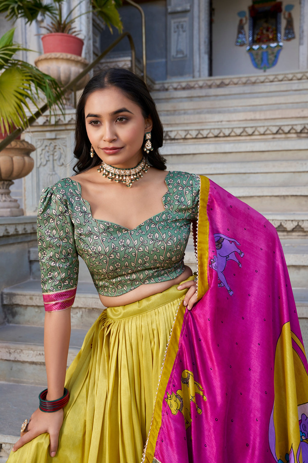 Lorenvalley Mustard Tussar Silk Kalamkari With Foil Work Lehenga Choli with Dupatta | Grocsy