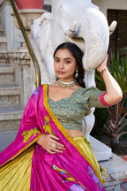 Lorenvalley Mustard Tussar Silk Kalamkari With Foil Work Lehenga Choli with Dupatta | Grocsy