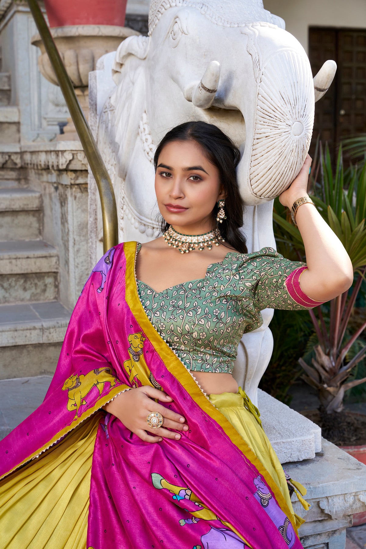 Lorenvalley Mustard Tussar Silk Kalamkari With Foil Work Lehenga Choli with Dupatta | Grocsy