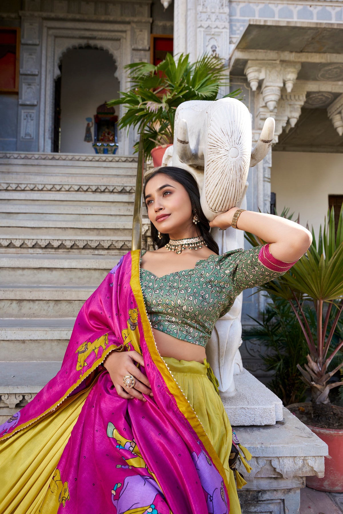 Lorenvalley Mustard Tussar Silk Kalamkari With Foil Work Lehenga Choli with Dupatta | Grocsy