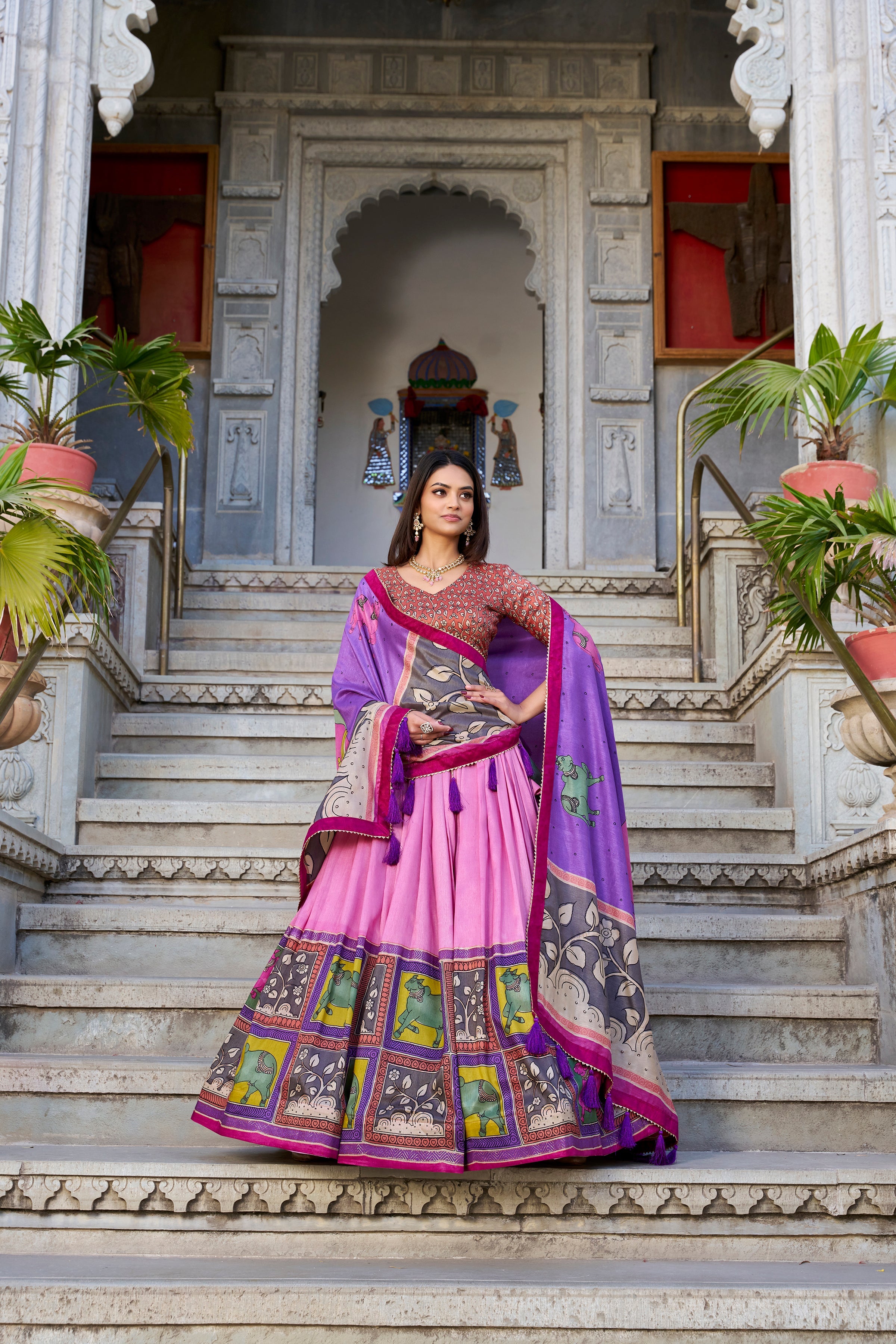 Lorenvalley Peach Tussar Silk Kalamkari With Foil Work Lehenga Choli with Dupatta | Grocsy
