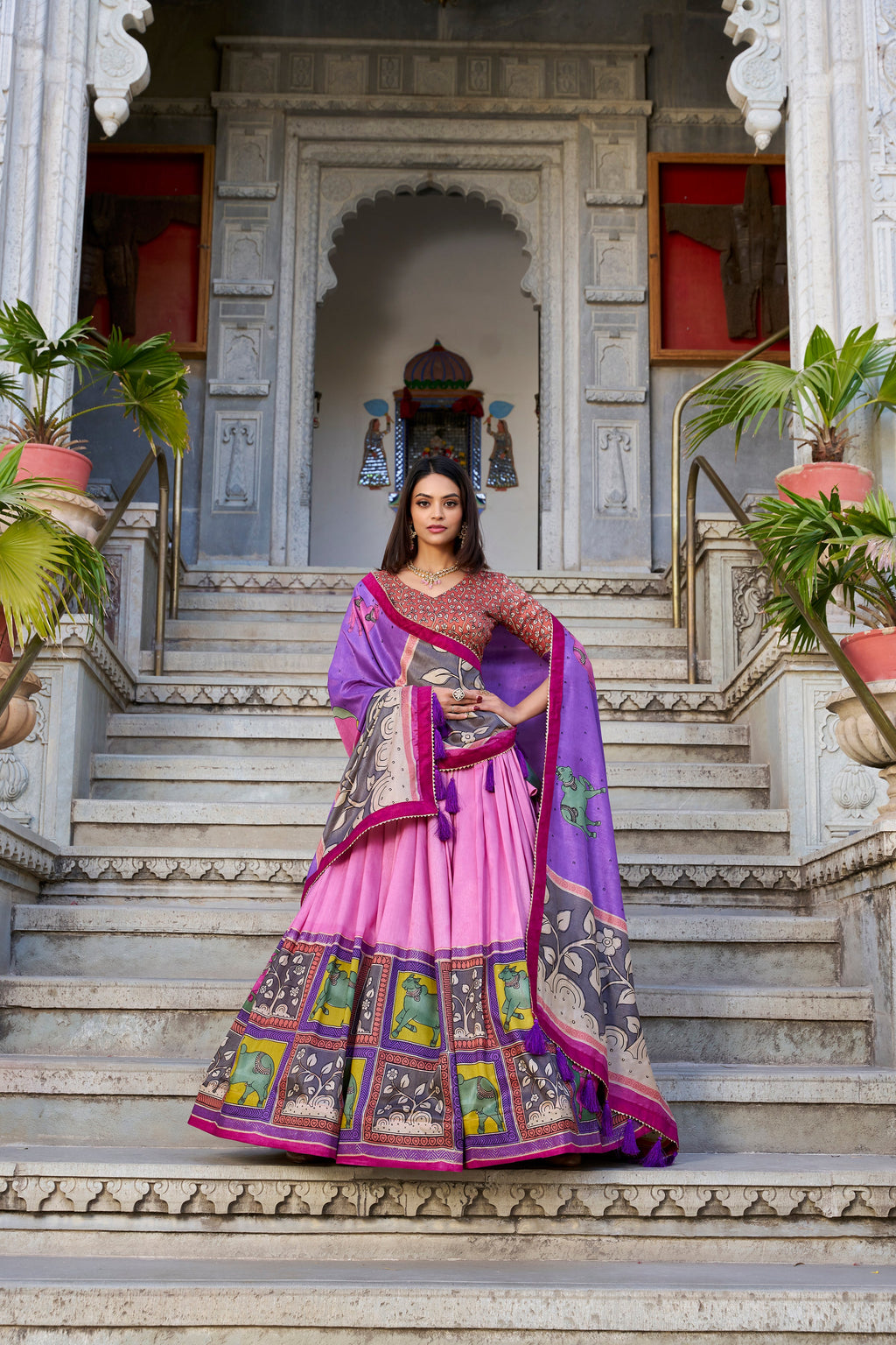 Lorenvalley Peach Tussar Silk Kalamkari With Foil Work Lehenga Choli with Dupatta | Grocsy