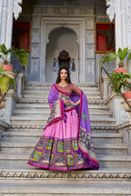 Lorenvalley Peach Tussar Silk Kalamkari With Foil Work Lehenga Choli with Dupatta | Grocsy