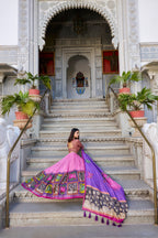 Lorenvalley Peach Tussar Silk Kalamkari With Foil Work Lehenga Choli with Dupatta | Grocsy