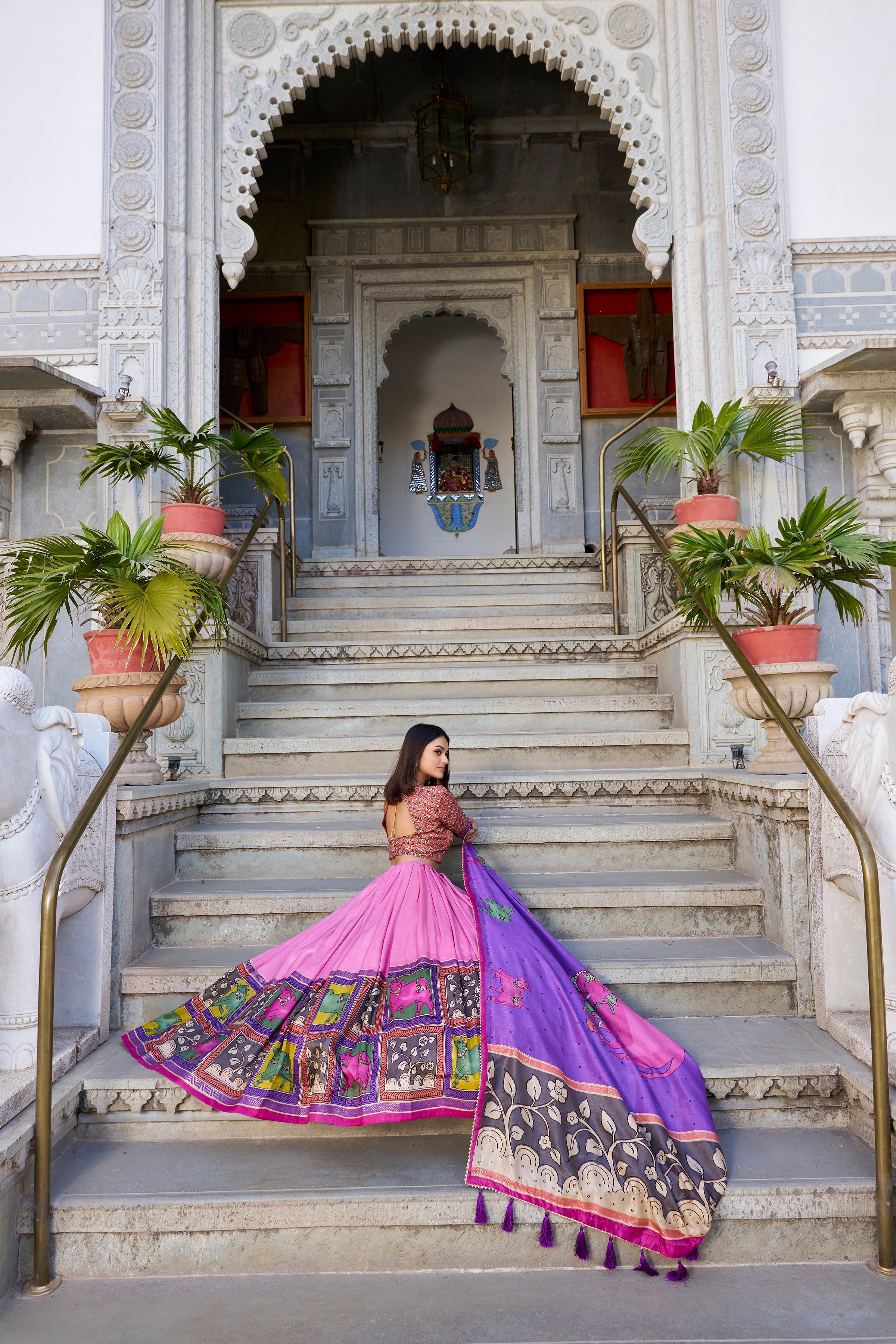 Lorenvalley Peach Tussar Silk Kalamkari With Foil Work Lehenga Choli with Dupatta | Grocsy
