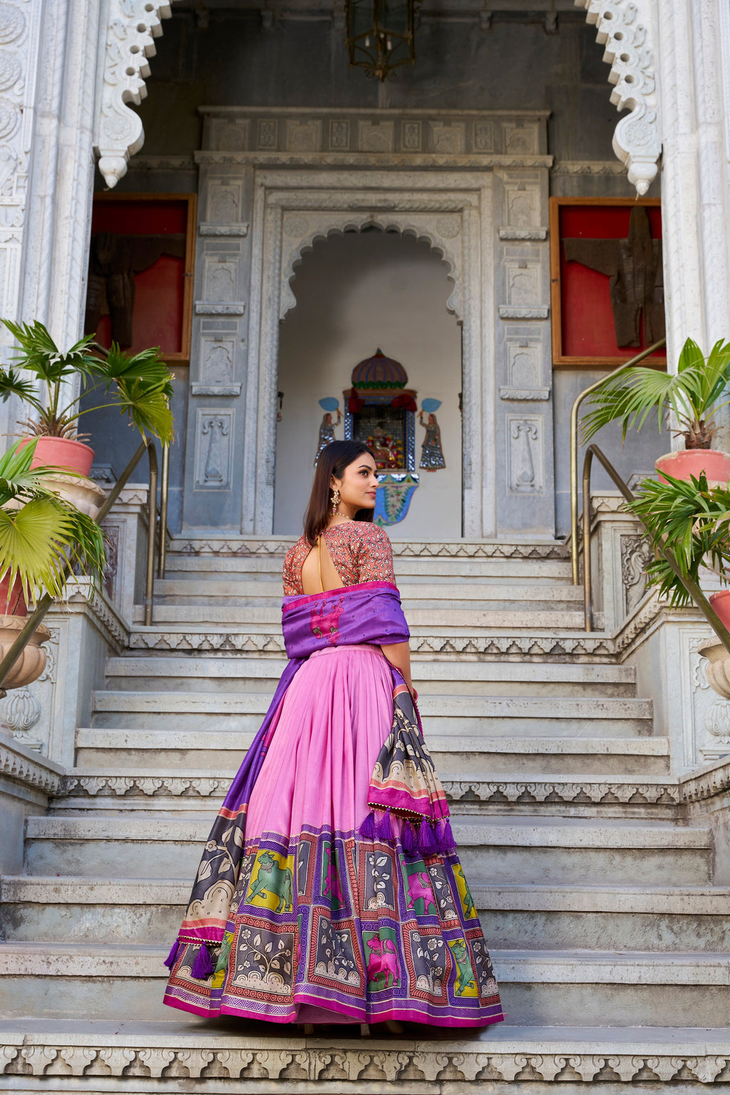 Lorenvalley Peach Tussar Silk Kalamkari With Foil Work Lehenga Choli with Dupatta | Grocsy
