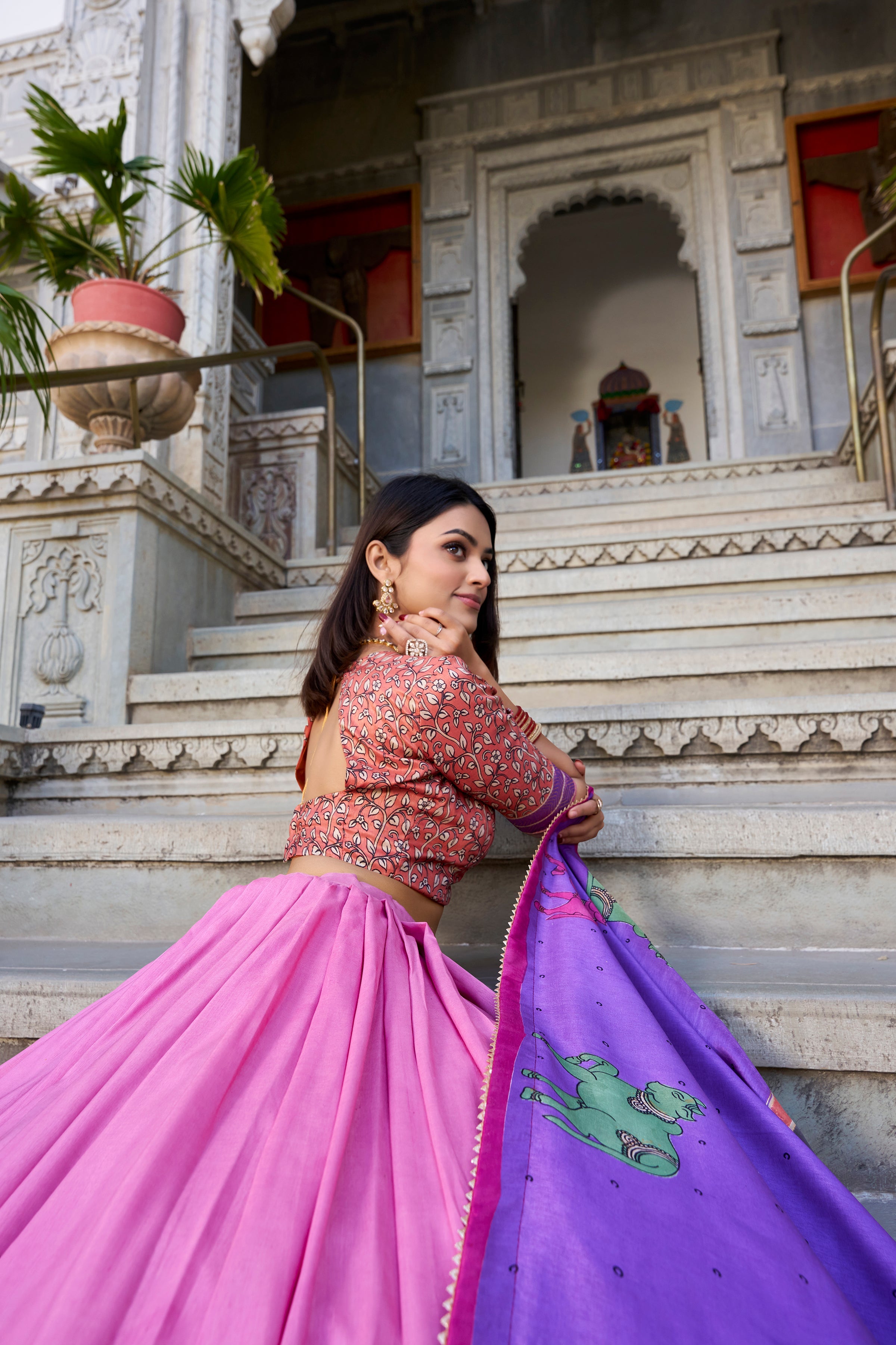Lorenvalley Peach Tussar Silk Kalamkari With Foil Work Lehenga Choli with Dupatta | Grocsy