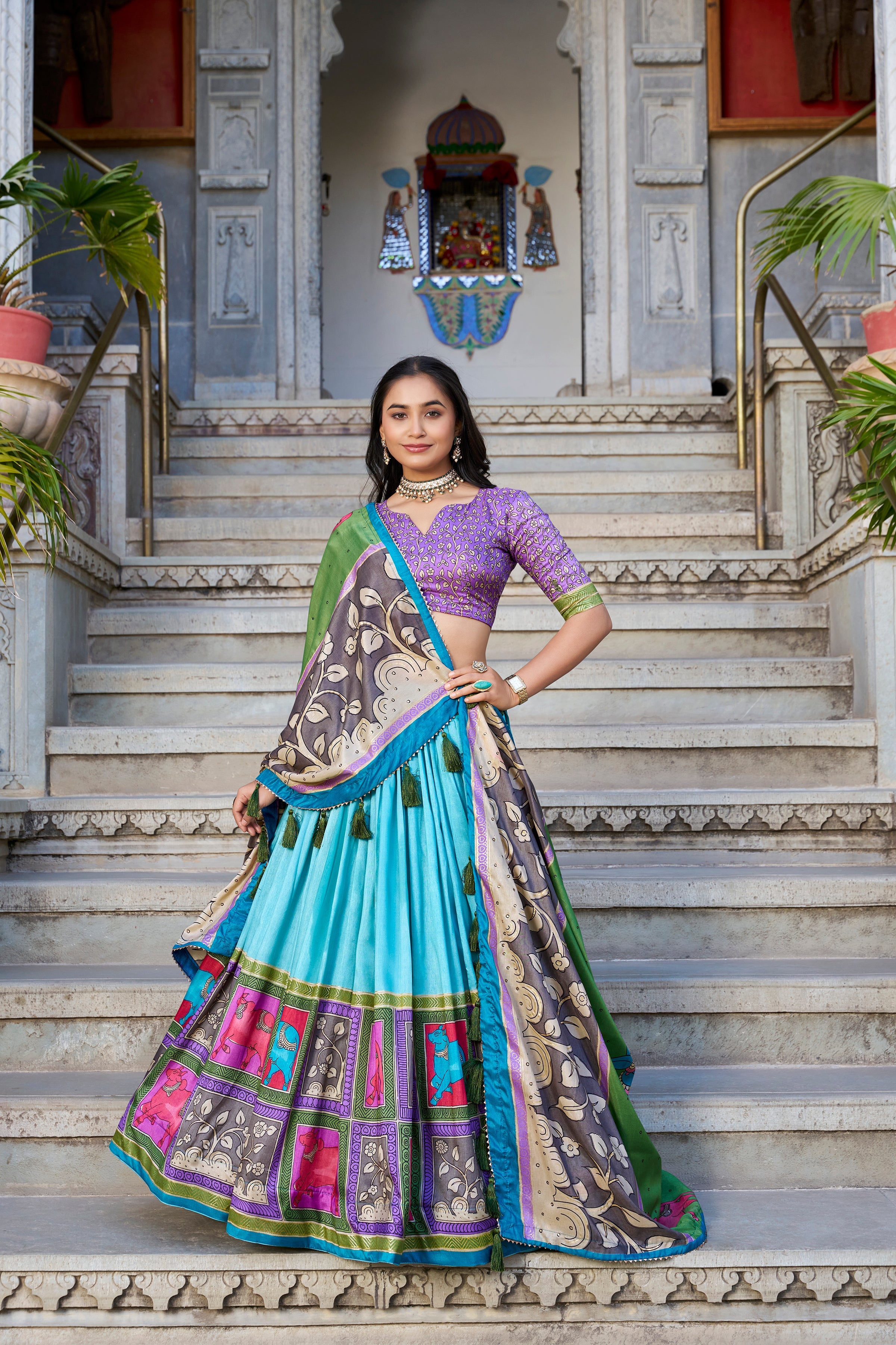 Lorenvalley Seagreen Tussar Silk Kalamkari With Foil Work Lehenga Choli with Dupatta | Grocsy
