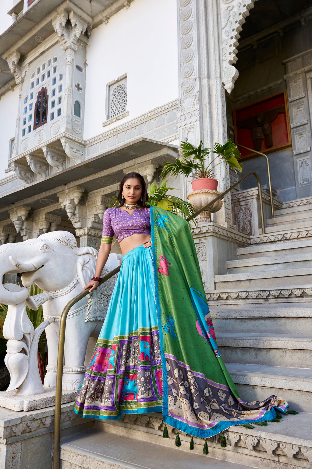 Lorenvalley Seagreen Tussar Silk Kalamkari With Foil Work Lehenga Choli with Dupatta | Grocsy