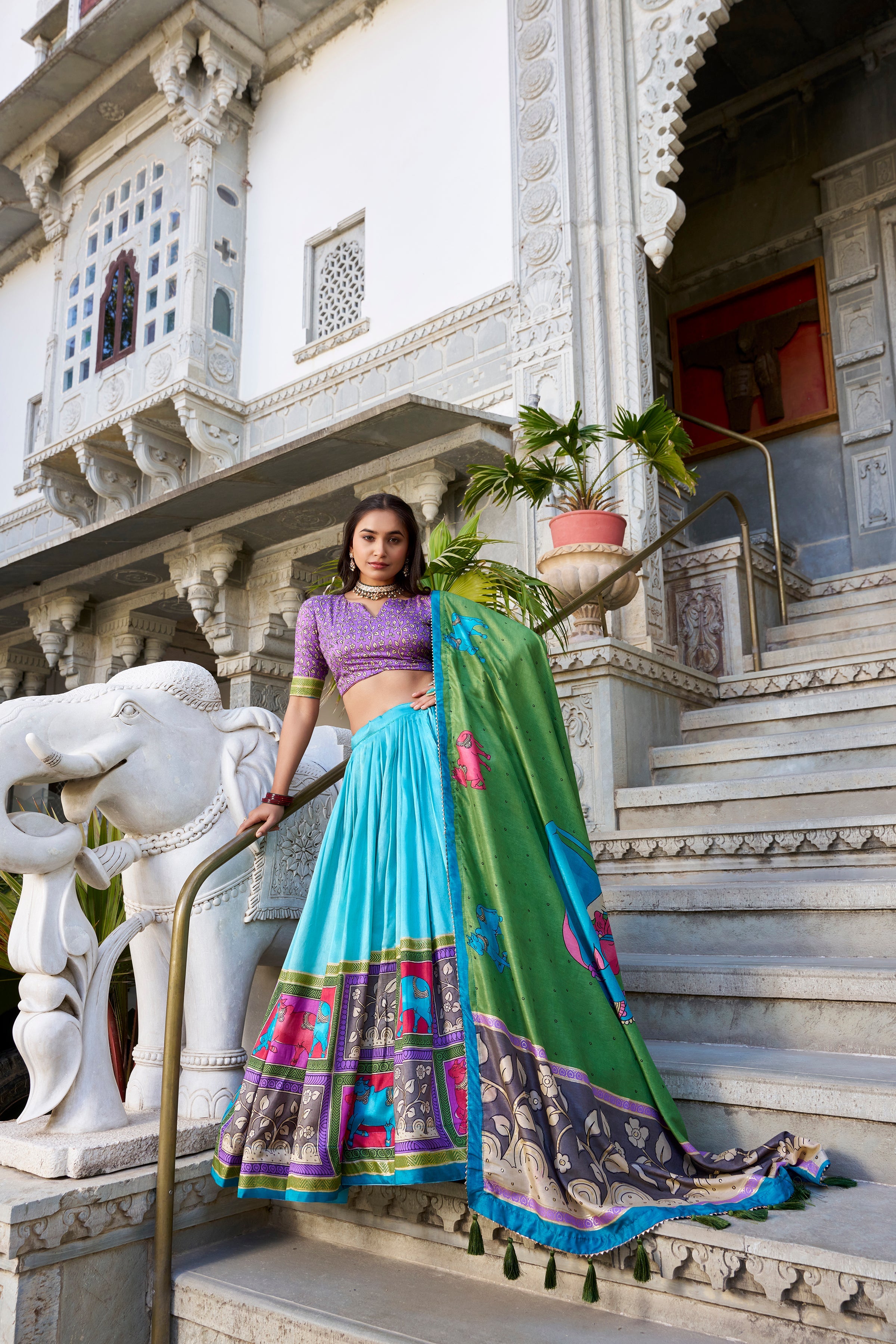 Lorenvalley Seagreen Tussar Silk Kalamkari With Foil Work Lehenga Choli with Dupatta | Grocsy