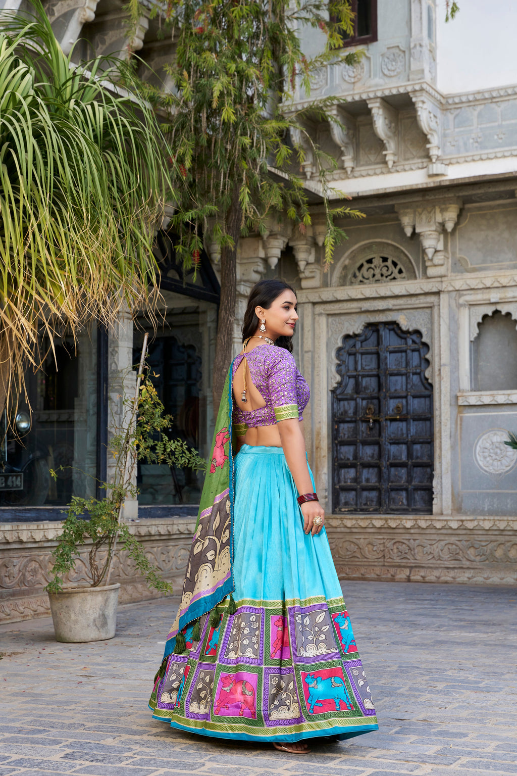 Lorenvalley Seagreen Tussar Silk Kalamkari With Foil Work Lehenga Choli with Dupatta | Grocsy