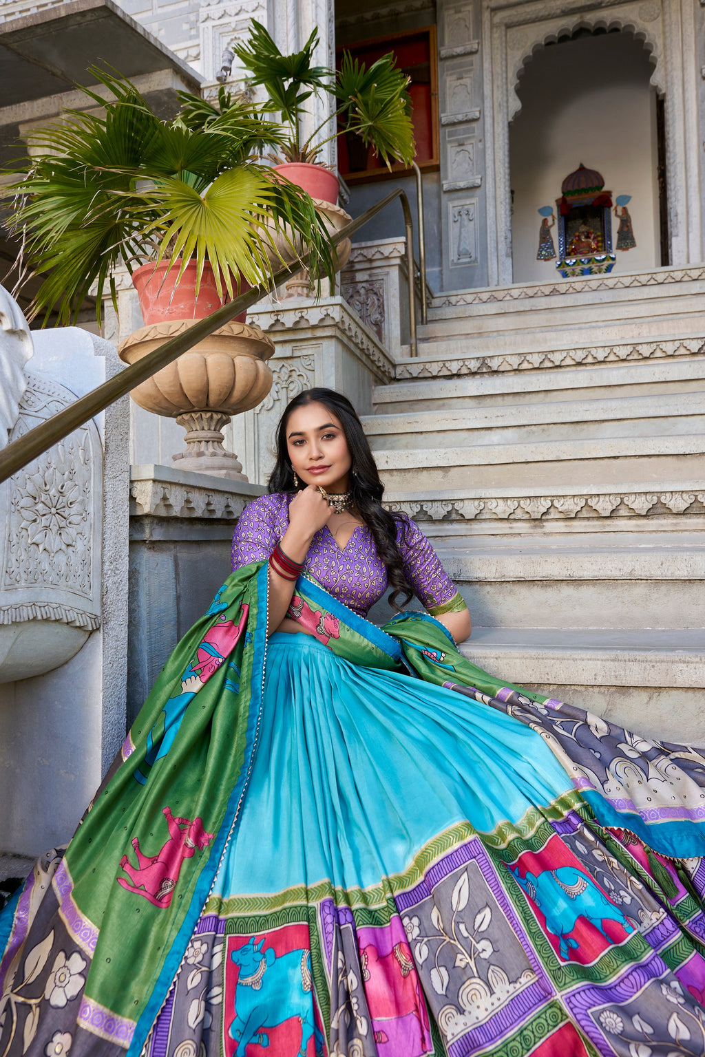Lorenvalley Seagreen Tussar Silk Kalamkari With Foil Work Lehenga Choli with Dupatta | Grocsy