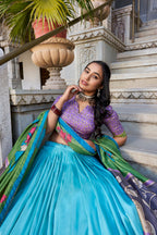 Lorenvalley Seagreen Tussar Silk Kalamkari With Foil Work Lehenga Choli with Dupatta | Grocsy