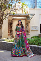 Lorenvalley Mehendi Tussar Silk Kalamkari With Foil Work Lehenga Choli | Grocsy