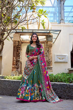 Lorenvalley Mehendi Tussar Silk Kalamkari With Foil Work Lehenga Choli | Grocsy
