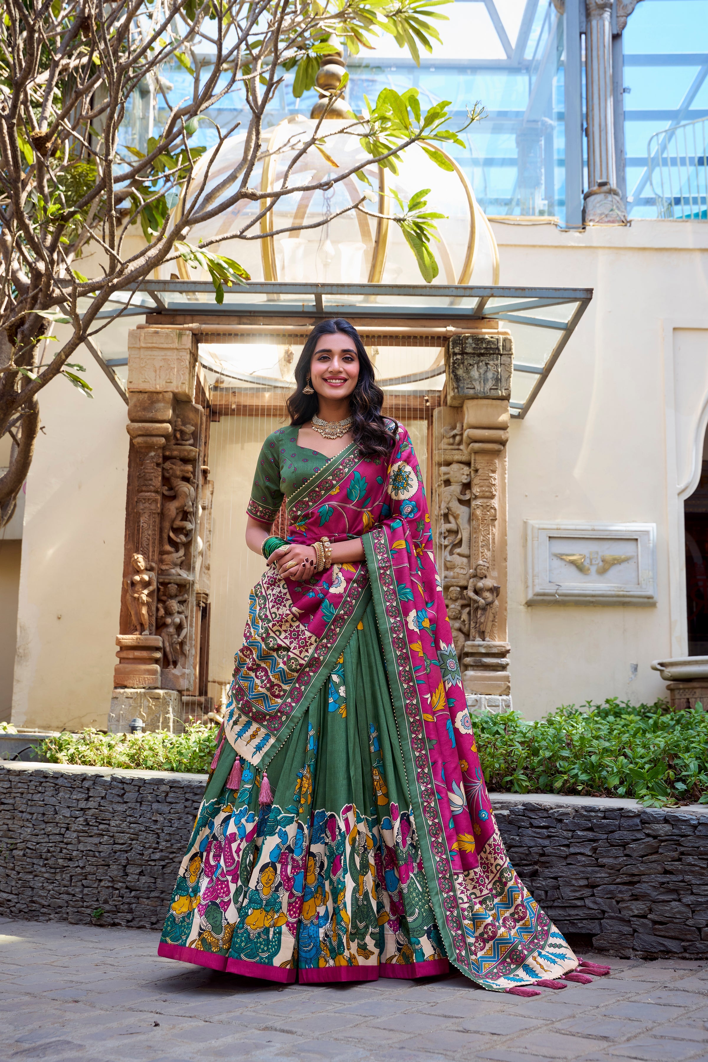 Lorenvalley Mehendi Tussar Silk Kalamkari With Foil Work Lehenga Choli | Grocsy
