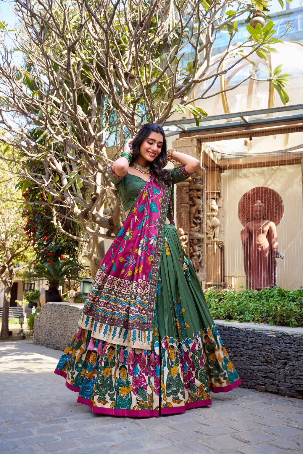 Lorenvalley Mehendi Tussar Silk Kalamkari With Foil Work Lehenga Choli | Grocsy
