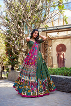 Lorenvalley Mehendi Tussar Silk Kalamkari With Foil Work Lehenga Choli | Grocsy