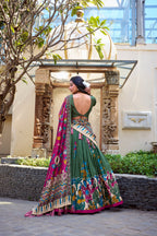 Lorenvalley Mehendi Tussar Silk Kalamkari With Foil Work Lehenga Choli | Grocsy
