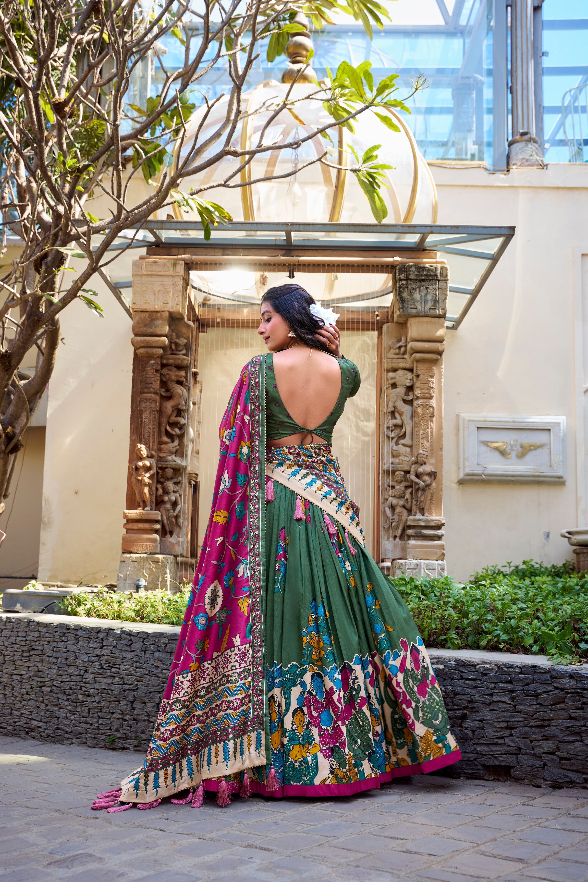 Lorenvalley Mehendi Tussar Silk Kalamkari With Foil Work Lehenga Choli | Grocsy