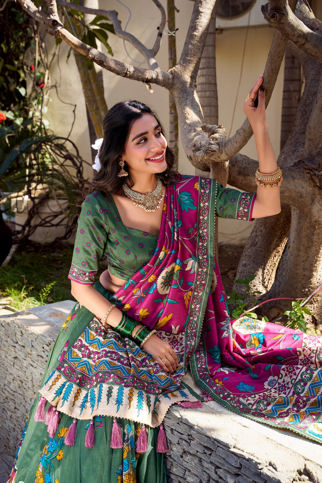 Lorenvalley Mehendi Tussar Silk Kalamkari With Foil Work Lehenga Choli | Grocsy