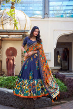 Lorenvalley Blue Tussar Silk Kalamkari With Foil Work Lehenga Choli | Grocsy