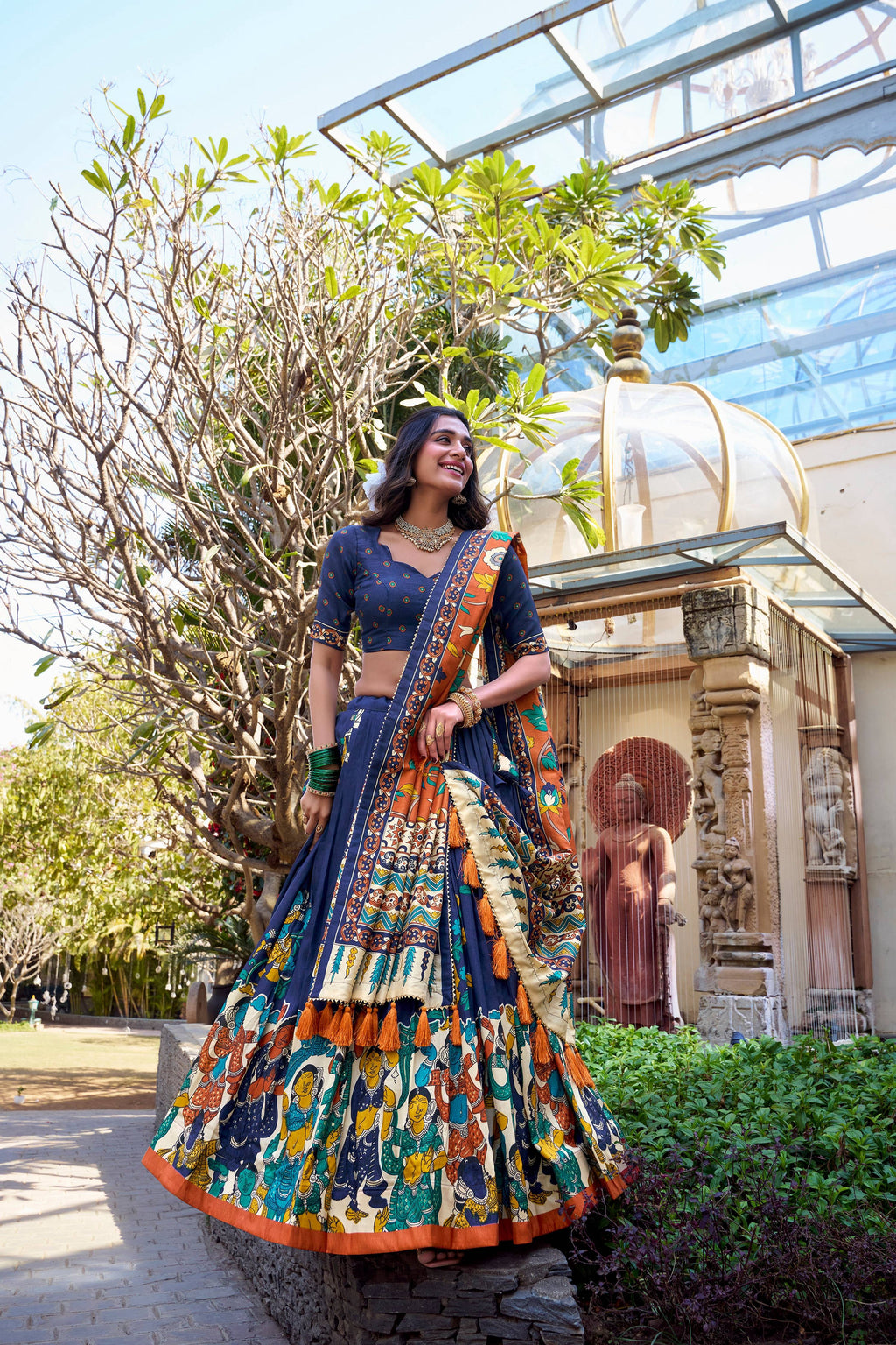 Lorenvalley Blue Tussar Silk Kalamkari With Foil Work Lehenga Choli | Grocsy