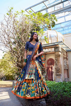 Lorenvalley Blue Tussar Silk Kalamkari With Foil Work Lehenga Choli | Grocsy