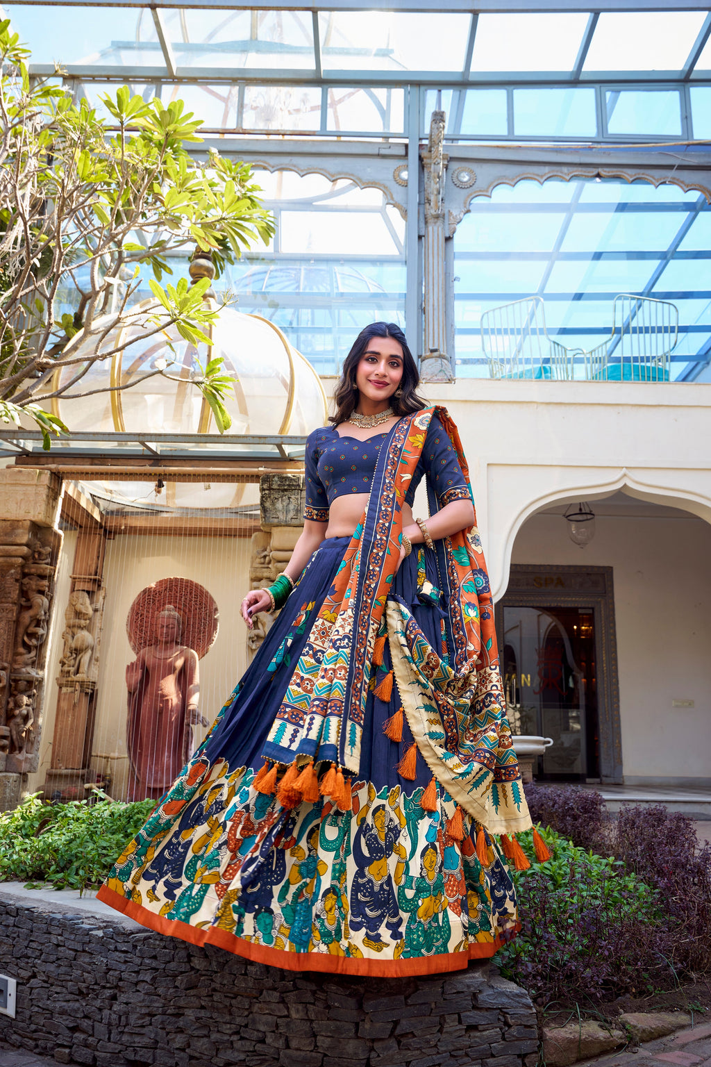 Lorenvalley Blue Tussar Silk Kalamkari With Foil Work Lehenga Choli | Grocsy