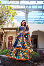 Lorenvalley Blue Tussar Silk Kalamkari With Foil Work Lehenga Choli | Grocsy