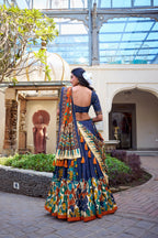 Lorenvalley Blue Tussar Silk Kalamkari With Foil Work Lehenga Choli | Grocsy