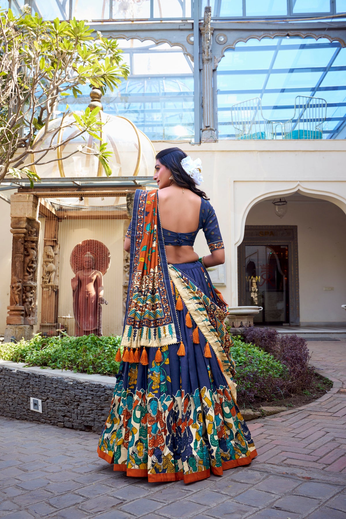 Lorenvalley Blue Tussar Silk Kalamkari With Foil Work Lehenga Choli | Grocsy