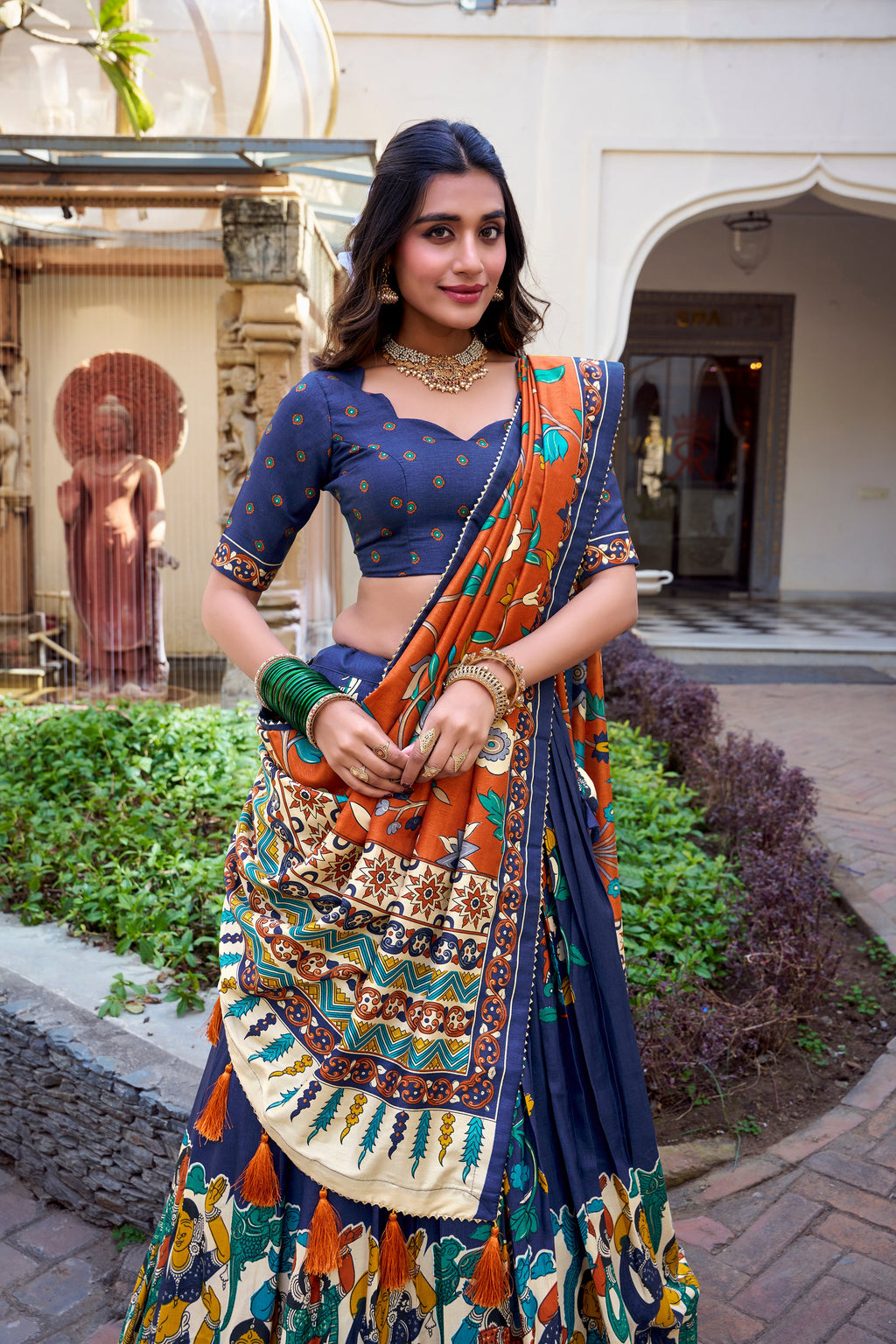 Lorenvalley Blue Tussar Silk Kalamkari With Foil Work Lehenga Choli | Grocsy