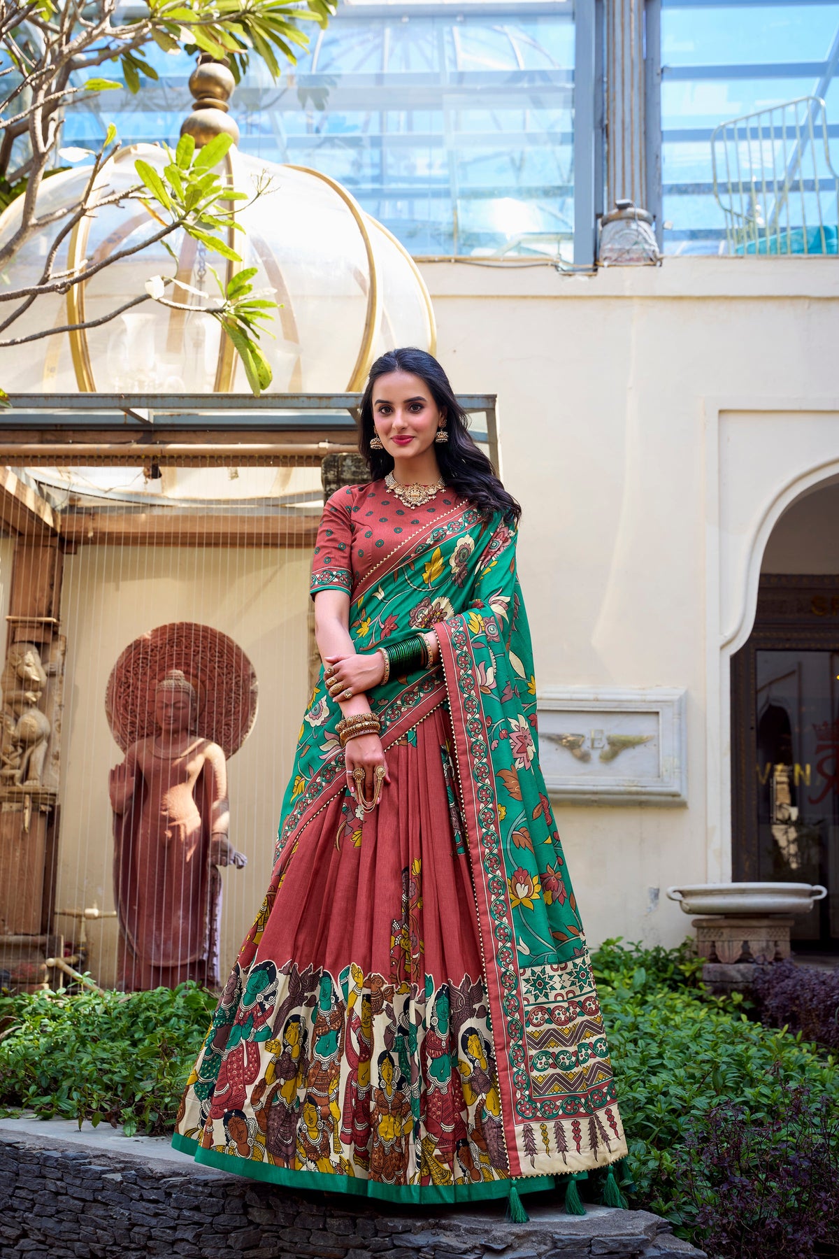 Lorenvalley Rust Tussar Silk Kalamkari With Foil Work Lehenga Choli | Grocsy