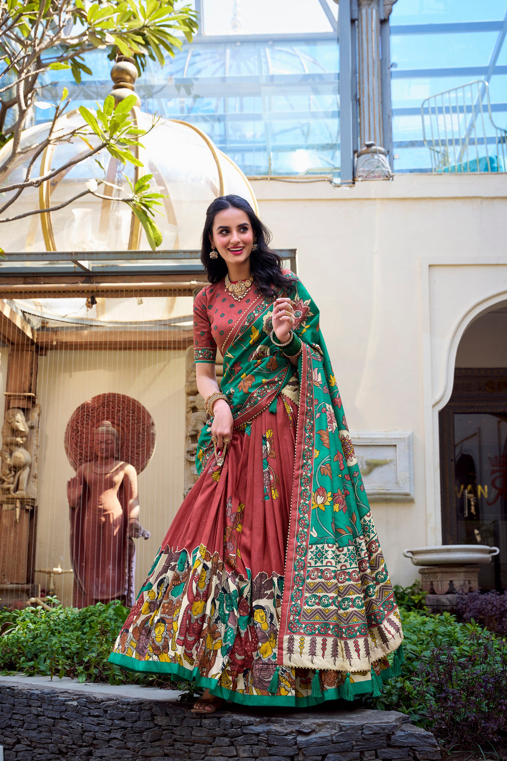 Lorenvalley Rust Tussar Silk Kalamkari With Foil Work Lehenga Choli | Grocsy