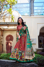 Lorenvalley Rust Tussar Silk Kalamkari With Foil Work Lehenga Choli | Grocsy