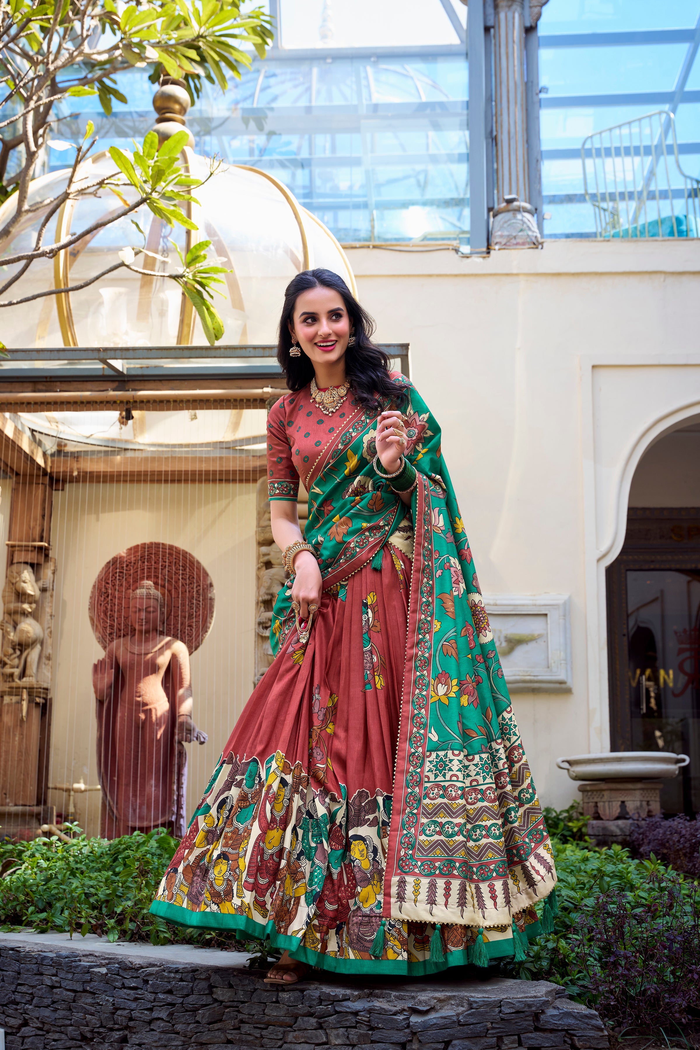 Lorenvalley Rust Tussar Silk Kalamkari With Foil Work Lehenga Choli | Grocsy