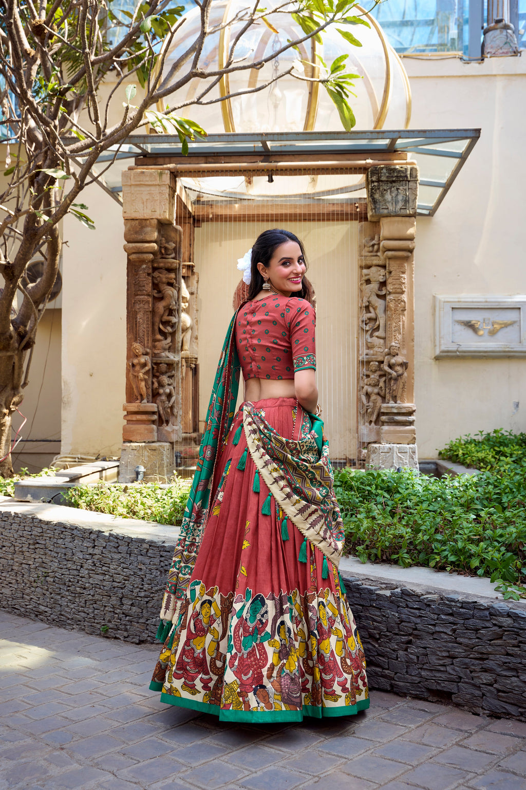 Lorenvalley Rust Tussar Silk Kalamkari With Foil Work Lehenga Choli | Grocsy