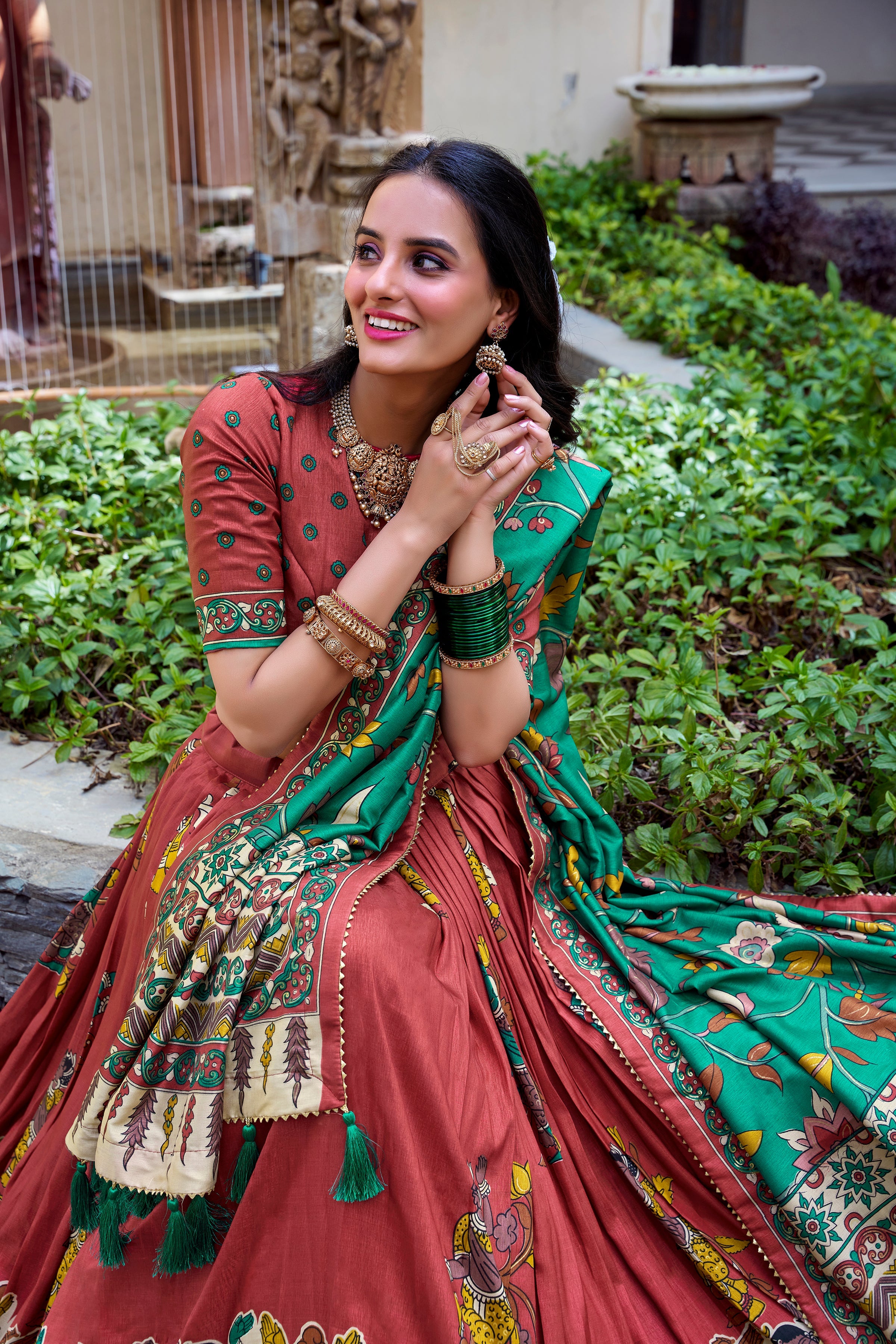 Lorenvalley Rust Tussar Silk Kalamkari With Foil Work Lehenga Choli | Grocsy