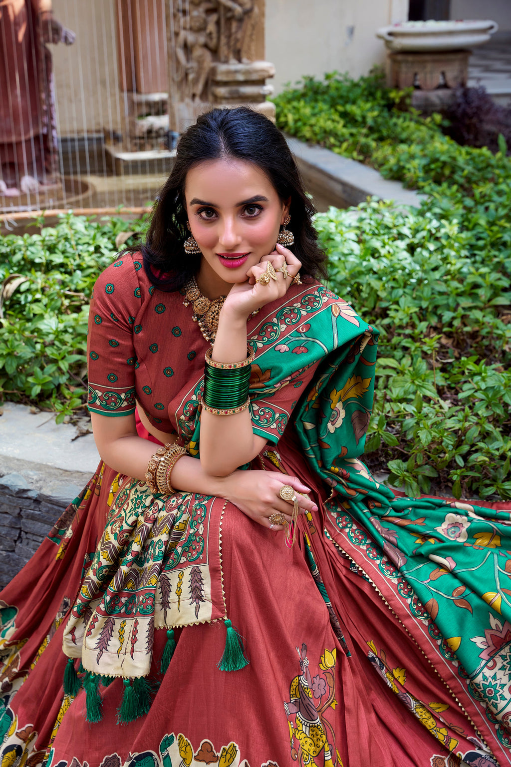 Lorenvalley Rust Tussar Silk Kalamkari With Foil Work Lehenga Choli | Grocsy