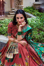 Lorenvalley Rust Tussar Silk Kalamkari With Foil Work Lehenga Choli | Grocsy