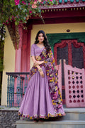 Lorenvalley Lavender Vichitra Silk Sequins and Thread Embroidery Work with Kalamkari Print Border Lehenga Choli with Dupatta | Grocsy