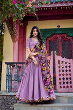 Lorenvalley Lavender Vichitra Silk Sequins and Thread Embroidery Work with Kalamkari Print Border Lehenga Choli with Dupatta | Grocsy